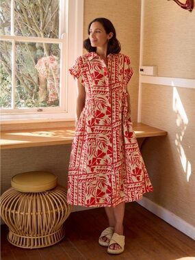 Maya Margot Shirtdress Red and Cream Printed Button-Front Midi Dress w/pockets!